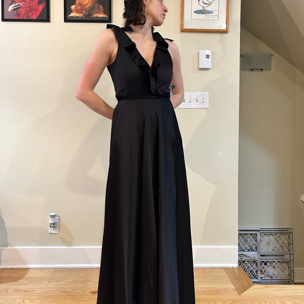 BHLD Tags On black wedding guest gown /wrap dress